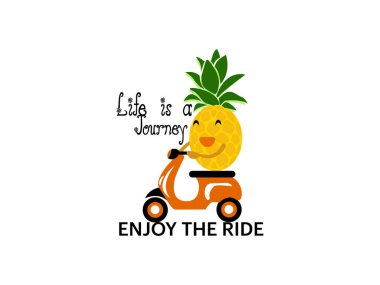 Çizgi film Ananas Yaz Meyve Vektörü illüstrasyonu. Tipografi, tişört grafikleri, Tropikal, titreşimler, güneş ve eğlence, Keyfinize bakın, hayat bir yolculuktur