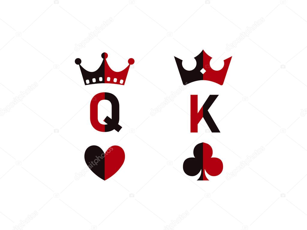 King and Queen couple Icon Vector illustration. poker card sign with crown, emblem isolated on white background, Flat style for graphic and silhouette, t-shirt, mug, cup, tattoo