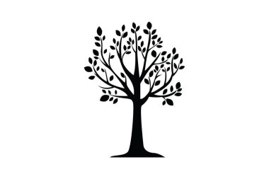 Ağacın dalları semboller ya da işaretler bırakır. Beyaz arkaplanda izole edilmiş amblem, grafik ve siluet için düz biçim.
