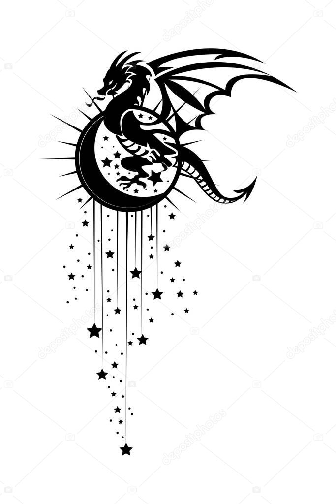 Dragon , Moon and stars Icon Vector illustration. Boho Witch and Magic symbol. mystic art sign, emblem isolated on white background
