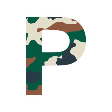 İngilizce alfabe harfi P, haki biçimi beyaz arkaplanda izole edilmiş - Vektör illüstrasyonu