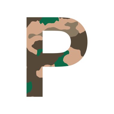 İngilizce alfabe harfi P, haki biçimi beyaz arkaplanda izole edilmiş - Vektör illüstrasyonu