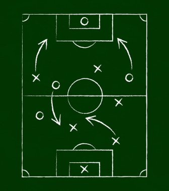 Yeşil tahtaya beyaz tebeşirle çizilmiş futbol ve futbol taktikleri - Vektör illüstrasyonu
