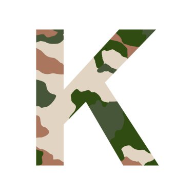 İngilizce alfabe harfi K, haki biçimi beyaz arkaplanda izole edilmiş - Vektör illüstrasyonu