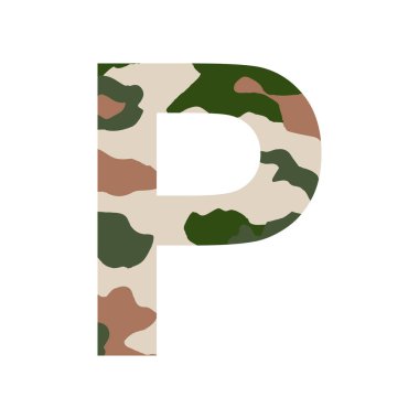 İngilizce alfabe harfi P, haki biçimi beyaz arkaplanda izole edilmiş - Vektör illüstrasyonu