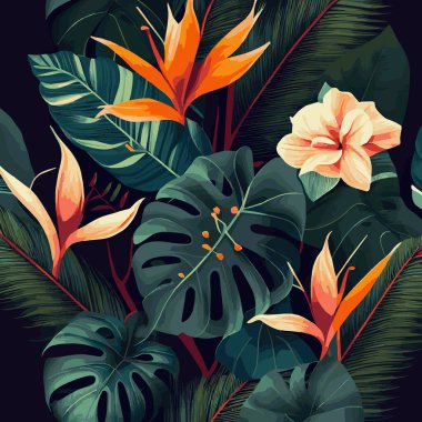 Yeşil tropikal orman arka plan canavar yaprakları, palmiye yaprakları, dallar. Pankart, şablon, dekor, kartpostal için egzotik bitkiler. Soyut yaprak ve botanik duvar kağıdı - Vektör illüstrasyonu