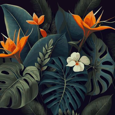 Yeşil tropikal orman arka plan canavar yaprakları, palmiye yaprakları, dallar. Pankart, şablon, dekor, kartpostal için egzotik bitkiler. Soyut yaprak ve botanik duvar kağıdı - Vektör illüstrasyonu