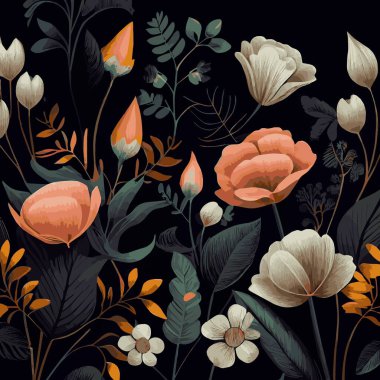 Organik koyu renk çiçek desenli arkaplan - Vektör illüstrasyonu