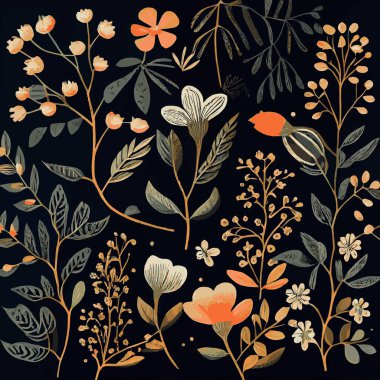 Organik koyu renk çiçek desenli arkaplan - Vektör illüstrasyonu