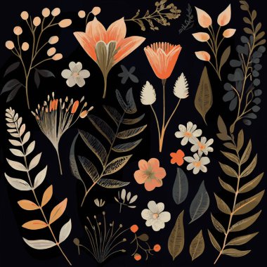 Organik koyu renk çiçek desenli arkaplan - Vektör illüstrasyonu