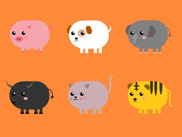 Плоский Векторный Набор Животных Свинья Собака Слон Буйвол Кот Тигр — стоковый вектор