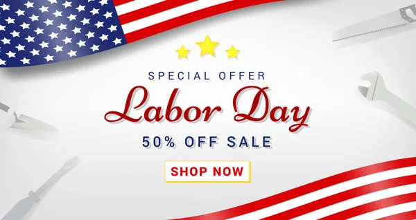 ABD İşçi Bayramı tebrik kartı, bayrak rengi arka plan ve Mutlu İşçi Bayramı metni. Vektör resimleme şablonu.