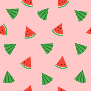 Pembe arka planı olan karpuz desenli vektör dosyası. Duvar kağıdı, ev dekorasyonu, sanat, baskı, ambalaj tasarımı, moda vs. için kullanılabilir..
