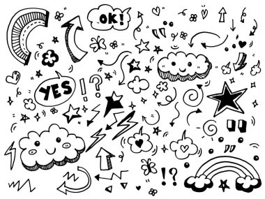 Sevimli el çizimi elementler. Ok, balon, bulut, gökkuşağı, kalp ve yıldız çizgileri. 