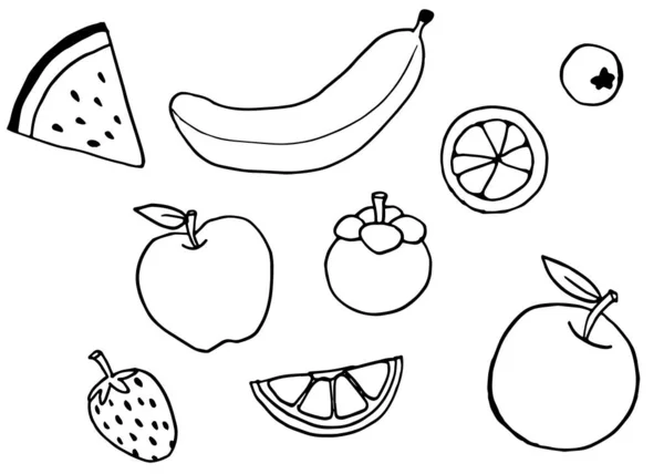 Meyveler elle çizilmiş. Karpuzlu muz, mangosteen portakallı limon ve çilek var..