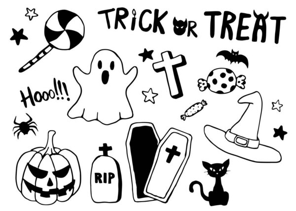 set of cute Halloween trick or treat cartoon doodles