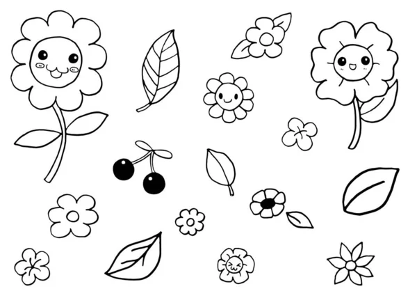 Mignon Fleurs Feuilles Doodle Main Dessiné Isolé Sur Fond Blanc — Image vectorielle