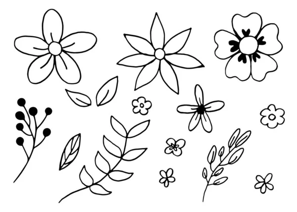Χαριτωμένο Λουλούδια Φύλλα Και Φυτά Doodle Χέρι Σχεδιασμένο Απομονωμένο Λευκό — Διανυσματικό Αρχείο