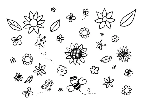 stock vector cute Flowers leaves bee and butterfly doodle Hand Drawn isolated on white background.