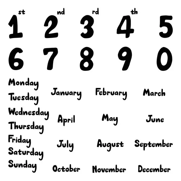 İngilizce Tarih Günü ve Ayın El Çizimi Siyah Renk seti resimleme, çocuk boyama kitabı, özet arka plan oluşturma, afiş vs..