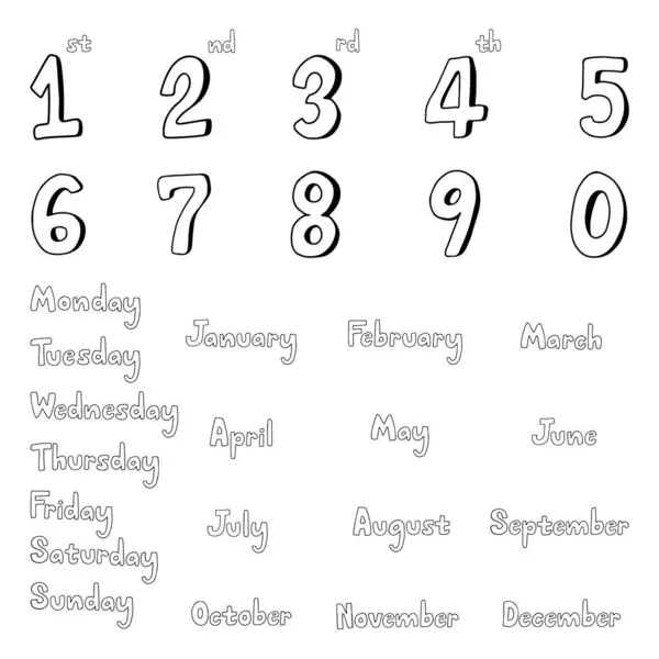 İngilizce Tarih Günü ve Ayın El Çizim Çizimi seti, resimleme olarak kullanabileceğiniz, çocuk boyama kitabı, özet arka plan, afiş vb..