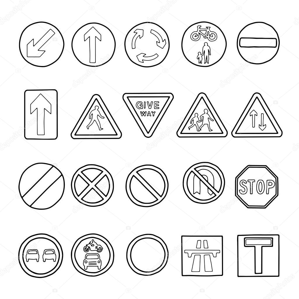 Sign Transport Hand Drawn Outline Collection that you can use as an illustration, kids colouring book, create outline background, Clip Art or etc.