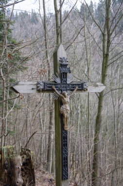 Crucified Jesus Christ on the wooden cross in the forest. Close up. Detail.