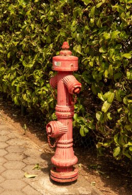 Şehirdeki kaldırımda duran eski bir kırmızı metal yangın musluğu..