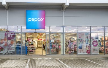 Zvolen, Slovakia - May, 4, 2024 : Pepco shop entrance. Brand logo. European chain of discount stores. clipart