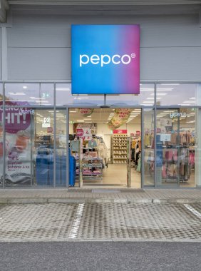 Zvolen, Slovakia - May, 4, 2024 : Pepco shop entrance. Brand logo. European chain of discount stores. clipart