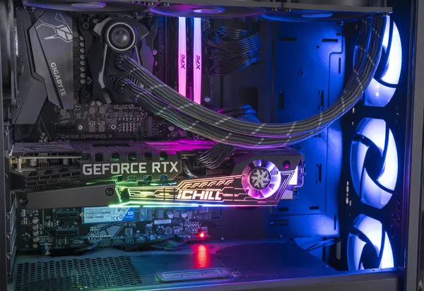 stock image Nova Bana, Slovakia - September, 29, 2024 : NVidia GeForce RTX 3080 graphics card inside the gaming PC tower. GPU in the desktop computer.