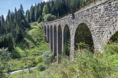Telgart köyündeki Chmarossky Viaduct. Teknik anıt demiryolu köprüsü. Slovakya.