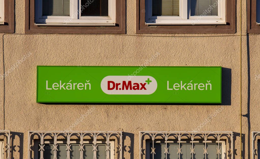 Nova Bana, Slovakia - May, 20, 2025 : Dr. Max Pharmacies sign on the wall. Dr. Max Group is a Central and Eastern European business group operating in pharmaceutical sector.