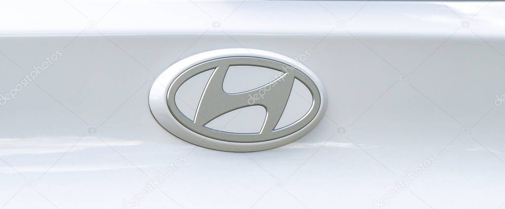 Nova Bana, Slovakia - June, 1, 2025 : Hyundai emblem on the car hood. Hyundai logo close up.