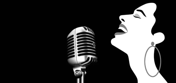 Woman singing song into mic. Karaoke party, Music night, club, festival, musical event. Drawing, art prints, artwork placard, template with singing people.