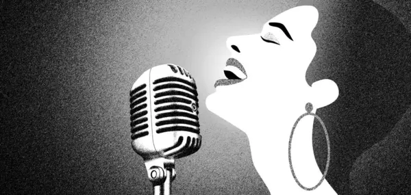 Woman singing song into mic. Karaoke party, Music night, club, festival, musical event. Drawing, art prints, artwork placard, template with singing people.