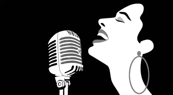 女人对着麦克风唱歌 卡拉Ok派对 音乐之夜 俱乐部 音乐活动 艺术印刷品 艺术品招贴画 歌手模板 — 图库照片#