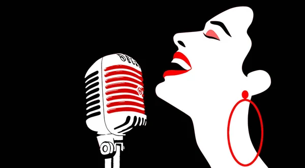 ミクに歌を歌う女性 カラオケパーティー 音楽の夜 クラブ フェスティバル 音楽イベント アートプリント アートワークプラカード 歌う人とテンプレート — ストック写真