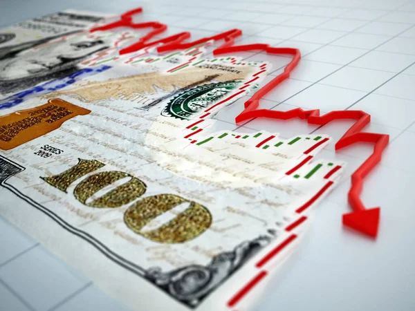 Flecha Vermelha Cair Nota Dólar Ilustração — Fotografia de Stock