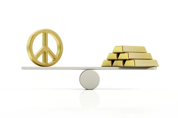 Peace Symbol Gold Ingots Standing Balance Two Sides Seesaw Illustration — Stock Photo, Image