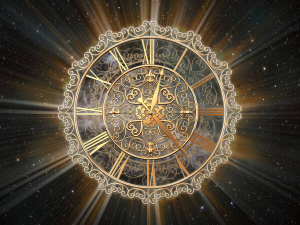 Ornate gold clock and faces with light effects on space background. Infinity of time concept. 3D illustration.