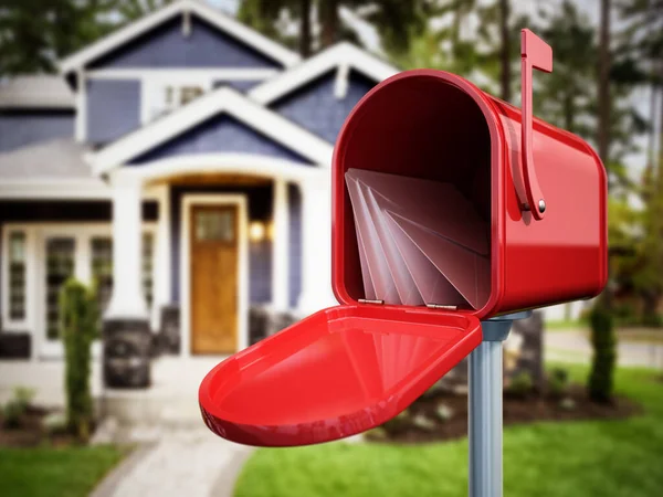 Open mailbox with letters standing outside the luxury home. 3D illustration.