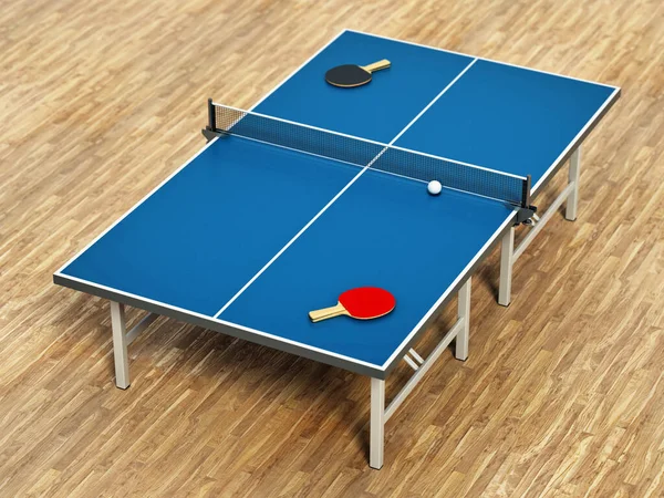Mesa Ping Pong Raquetas Pelota Suelo Parquet Ilustración — Foto de Stock