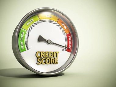 Kredi puanı göstergesi, kredi derecelendirme bilgileri çok zayıftan mükemmele. Kadranda iyi bir kredi geçmişi olduğu yazıyor. 3B illüstrasyon.