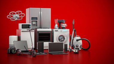 Kırmızı arka planda duran ev aletleri ve tüketici elektroniği grubu. 3B illüstrasyon.