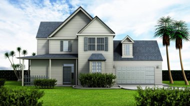 Büyük bahçeli lüks büyük bir ev. 3B illüstrasyon.