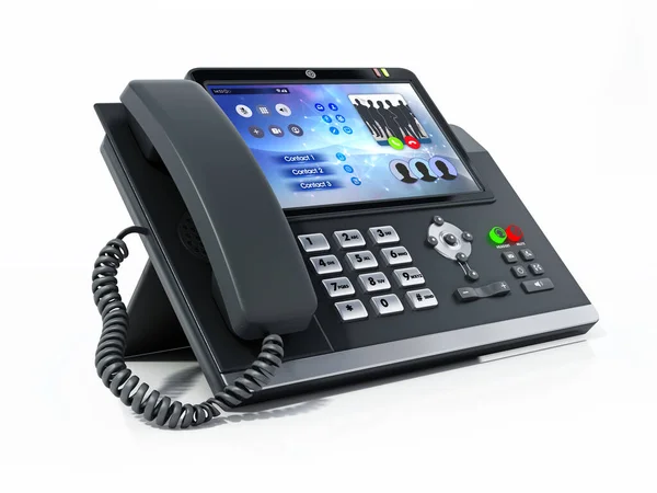 Modern VoIP or Voice over IP phone with LED screen isolated on white background. 3D illustration.
