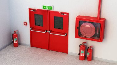 Fire exit door, exit sign, emergency fire button, extinguishers and fire cabinet. 3D illustration. clipart