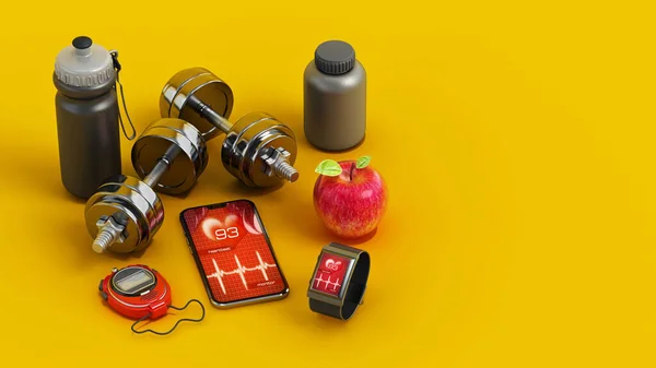 Sports and fitness equipment on yellow background. Copy space on the right. 3D illustration.