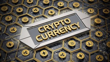 Blockchain metniyle şifreli para birimi kavramı. 3B illüstrasyon.